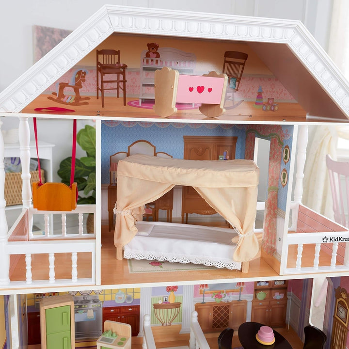 Casă de păpuși Kidkraft Savannah din lemn cu mobilier și accesorii, set de joacă cu scaun suspendat și pat cu baldachin pentru păpuși de 30 cm, jucărie pentru copii de la 3 ani, 65023 Casute de papusi Naty Shop