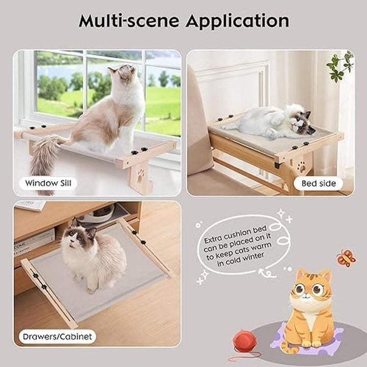 Scaun pentru fereastră pentru pisici, hamac pentru pat pentru pisici, stinghie reglabilă din lemn pentru fereastra pisicii, detașabilă, lavabilă, moale, poate susține până la 13,6 kg