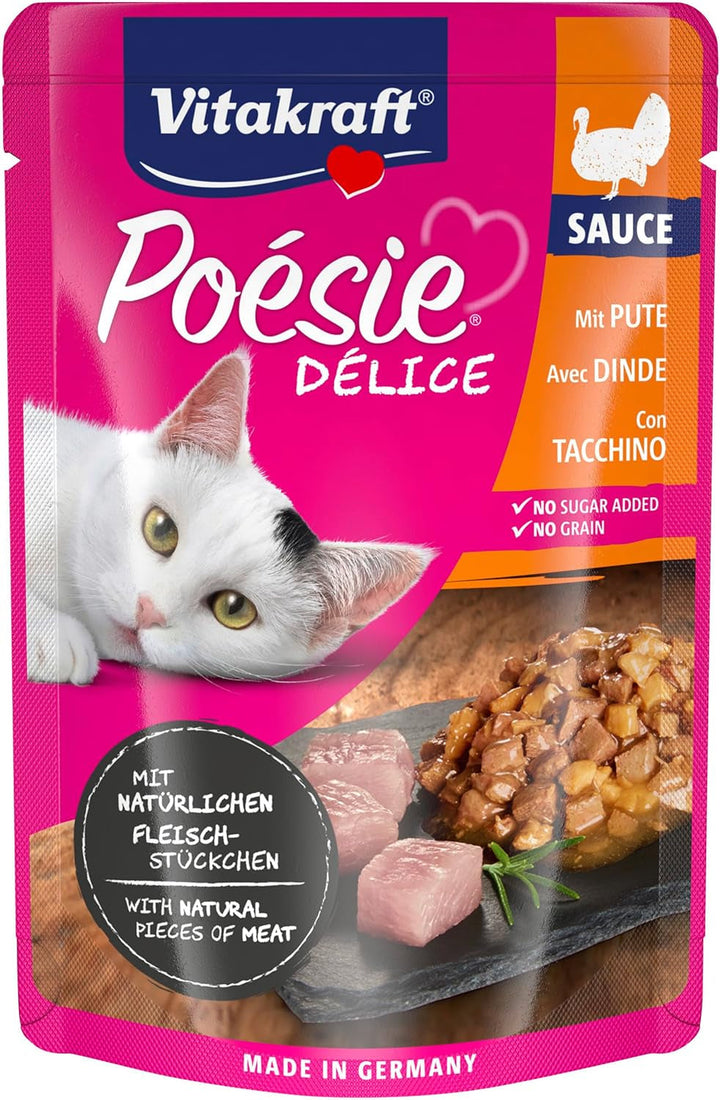 Vitakraft Poésie Délice, hrană umedă pentru pisici, hrană umedă pentru pisici în sos, cu curcan, preambalată, fără adaos de zahăr și cereale (23X 85G)