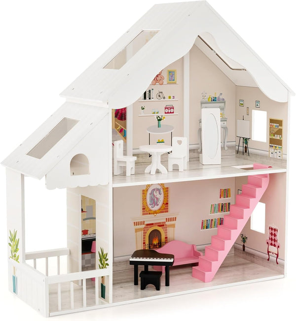 FANTASK Casă de păpuși din lemn, casă de păpuși cu 2 etaje cu accesorii și mobilier, jucărie pentru păpuși de 28-36 cm, pentru copii cu vârsta de peste 3 ani Casute de papusi Naty Shop Titlu implicit