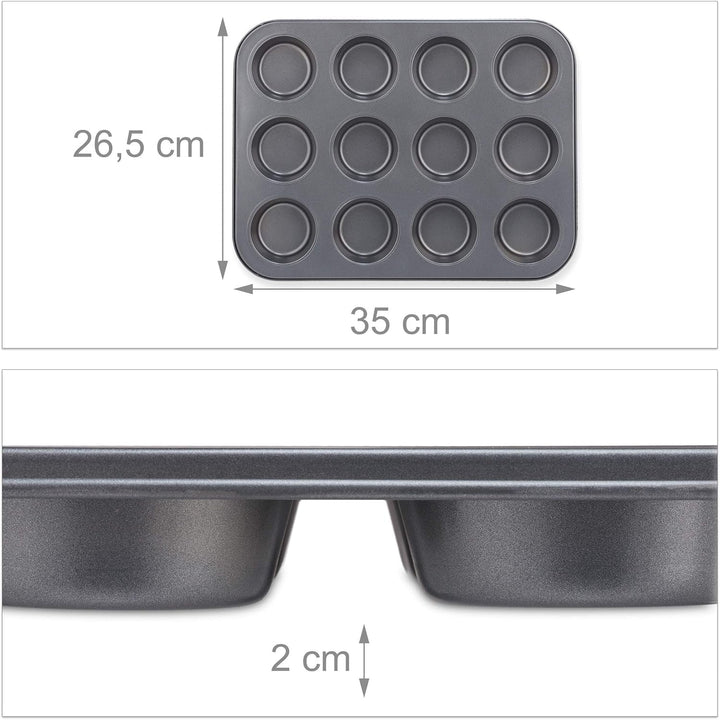 Relaxdays Muffinform, 2Er Set, 12Er Muffinbleche, Antihaftbeschichtet, Carbonstahl, Muffins & Cupcakes, Ø 6,5 Cm, Grau, 10030825 Matrite si tavi pentru copt Naty Shop