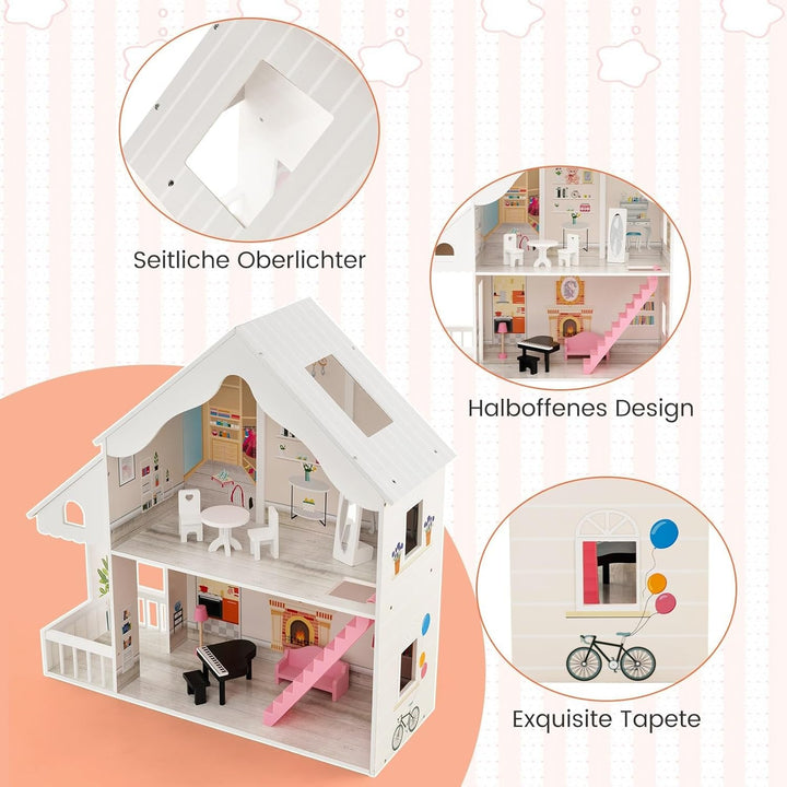 FANTASK Casă de păpuși din lemn, casă de păpuși cu 2 etaje cu accesorii și mobilier, jucărie pentru păpuși de 28-36 cm, pentru copii cu vârsta de peste 3 ani Casute de papusi Naty Shop
