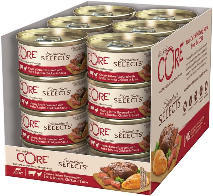Wellness CORE Signature Selects, Shredded Selection Mix, 8 X 79 G, Hrană umedă premium pentru pisici adulte în sos, fără zahăr adăugat, fără cereale, cu conținut ridicat de carne