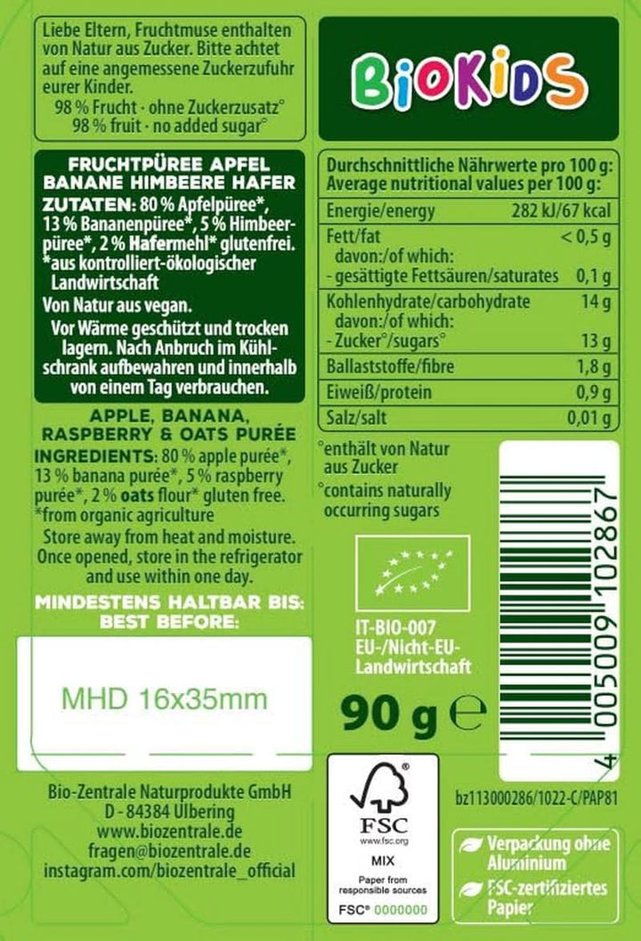 Biozentrale Biokids piure de fructe mere banane zmeură ovăz | 12X90G | Gustare cu fructe fără zahăr adăugat | Vegan Mama si Copilul Naty Shop