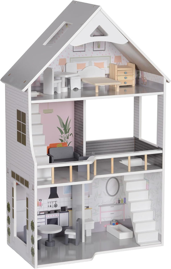 AIYAPLAY Casă de păpuși din lemn, casă de joacă cu 3 etaje cu 13 piese de mobilier, accesorii, 85,3 cm înălțime Casă de păpuși pentru copii de 3-6 ani, gri Casute de papusi Naty Shop Titlu implicit