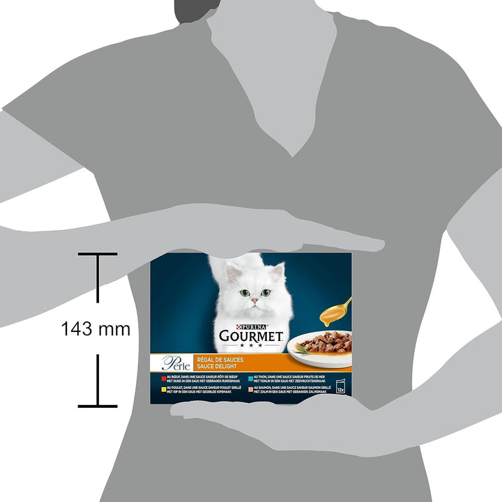 Perle | Sauce Shelf | Adult Cat | Carne de vită, pui, ton, somon | 12 X 85 G | Pungă proaspătă (ambalajul poate varia)