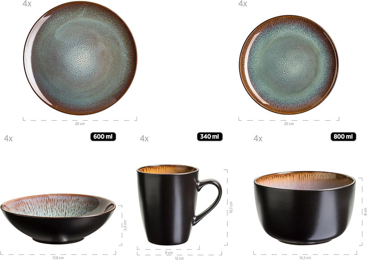 MÄSER 934100 Serie Teona, Keramik Geschirr Set Für 4 Personen Mit Grün-Brauner Reaktivglasur, 20-Teiliges Kombiservice in Modern Dezenten Coupe-Formen, Steinzeug Seturi vesela masa Naty Shop