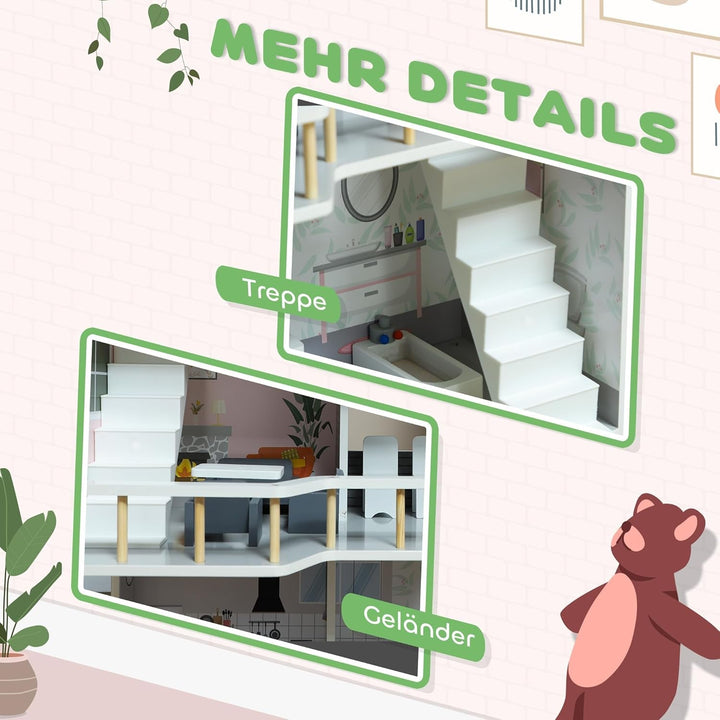 AIYAPLAY Casă de păpuși din lemn, casă de joacă cu 3 etaje cu 13 piese de mobilier, accesorii, 85,3 cm înălțime Casă de păpuși pentru copii de 3-6 ani, gri Casute de papusi Naty Shop
