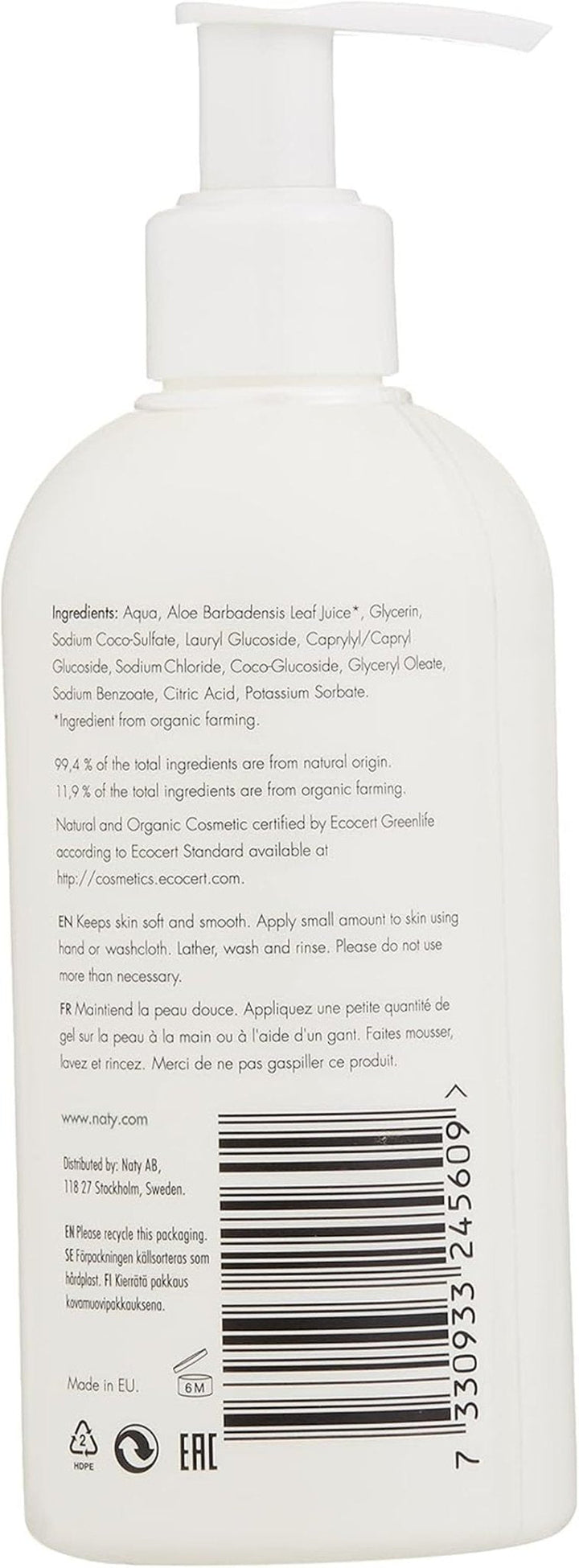 Eco by Naty, gel de duș pentru copii, ingrediente organice pe bază de plante cu 0% parfum, hipoalergenic și testat dermatologic, flacon de 200 ml Copii - Baie si Skincare Naty Shop