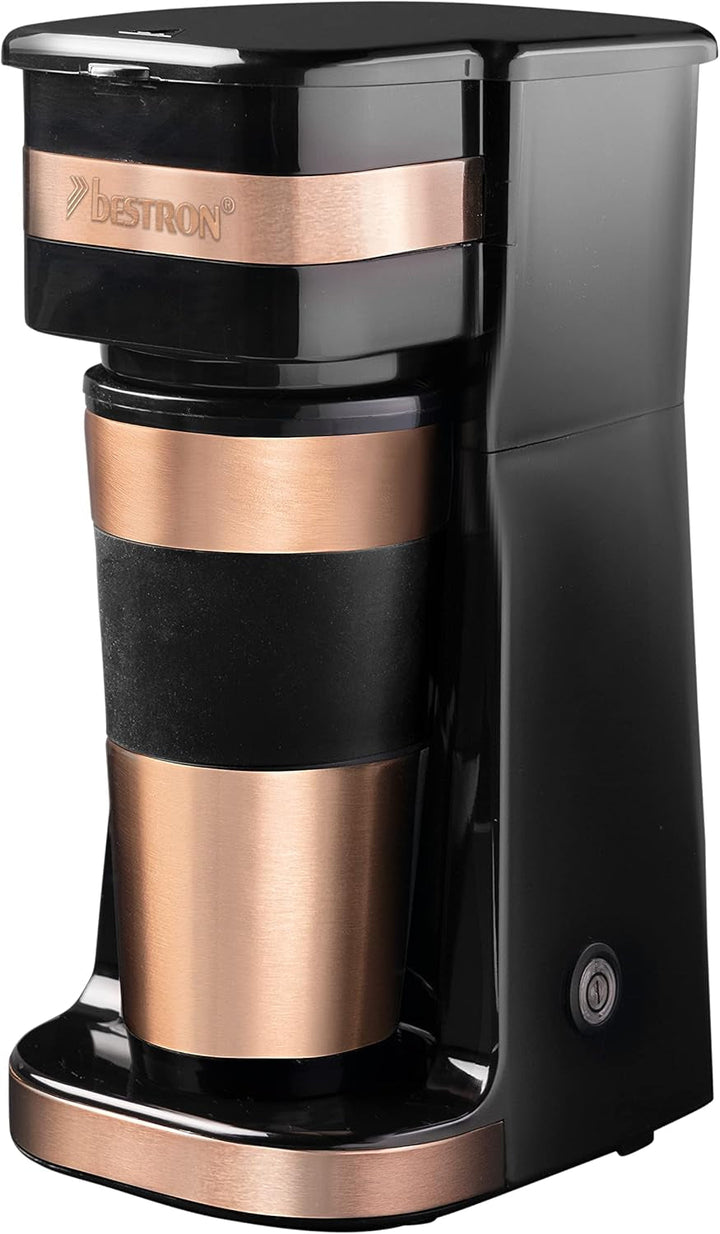 Espressor Bestron cu cană izolată, espressor de camping pentru cafea măcinată la filtru, espressor mic pentru 2 cești mari, 750 wați, culoare: negru/argintiu