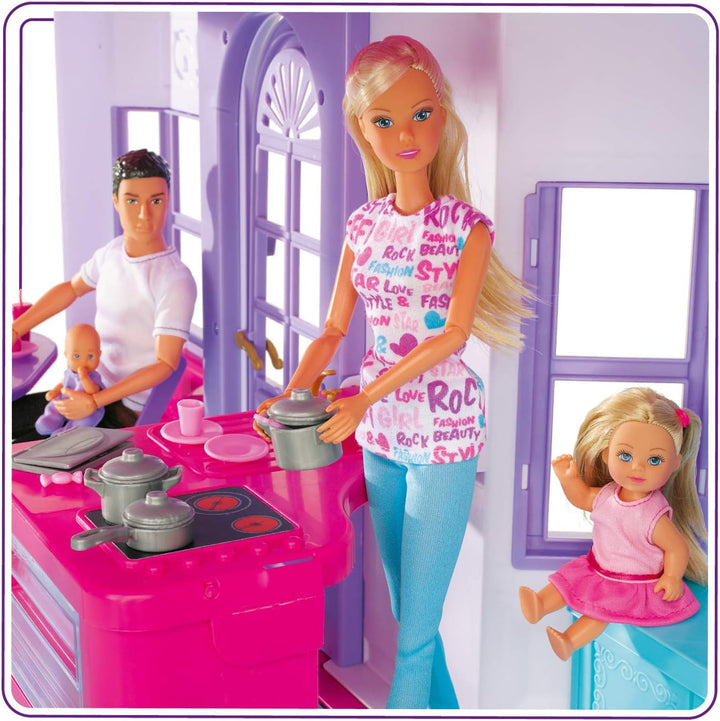 Simba 104661996 - Steffi Love Dreamhouse, Casă de joacă mare, 4 camere, FĂRĂ PUPPETS, 84cm înălțime, Două etaje, Clopoțel funcțional, Pliabil Casute de papusi Naty Shop