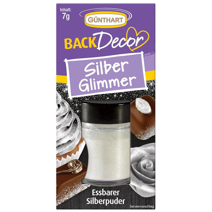 Günthart Backdecor Gold Puder - Essbarer Glitzer, Lebensmittelfarbe Pulver, Glitzer Für Getränke - Goldstaub Glänzend Glimmer Für Backenbegeisterte, 1Er Pack (1 X 7 G) Coloranti Alimentari Naty Shop Silber