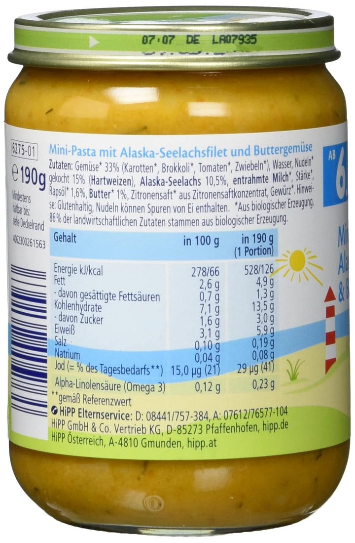 Paste Hipp Mini cu file de peste Pollock de Alaska și legume cu unt, pachet de 6 (6 x 190 g) Mama si Copilul Naty Shop