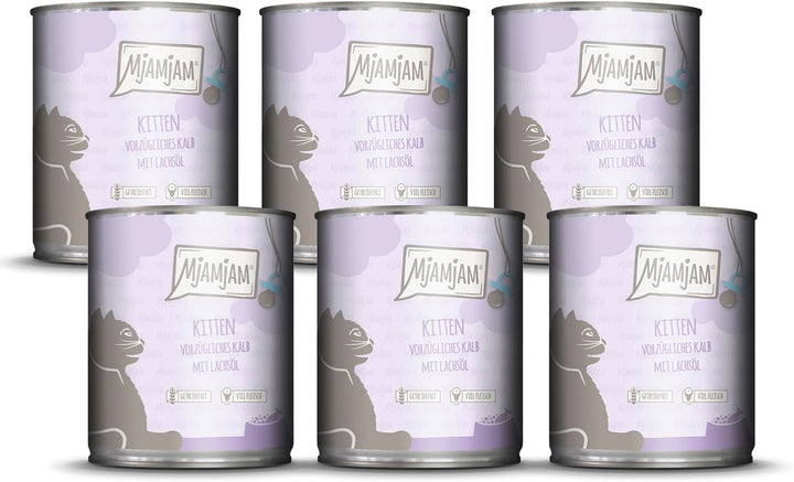 Mjamjam - Hrană umedă premium pentru pisici - Kitten Juicy Chicken cu ulei de somon, pachet de 6 (6 X 200 G), fără cereale, cu extra carne