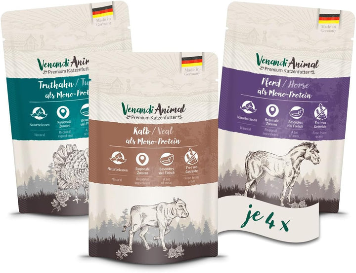 Venandi Animal - Hrană umedă premium pentru pisici, Tasting Pack II, cal, vițel, curcan, 12 X 125 G (pachet de 12), fără cereale și naturală