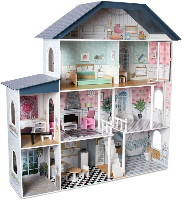 Casă de păpuși din lemn Deqube, 4 etaje, casă de păpuși cu decor diferit și îngrijit în fiecare cameră, cu 17 accesorii - Dimensiune 135 X 36 X 128 Cm (913D00016) Casute de papusi Naty Shop Titlu implicit