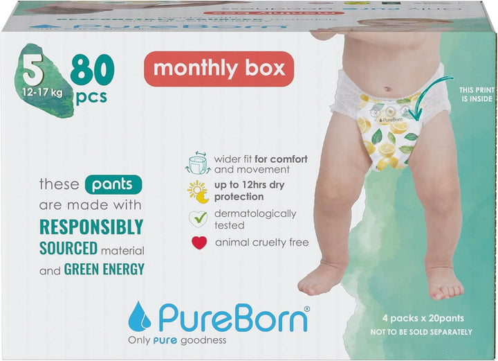 Scutece Pureborn Baby Premium Pantaloni, protectie optima zi si noapte, testate dermatologic, ultra moi, prietenoase cu pielea Mama si Copilul Naty Shop Marimea 5 (80 bucati)
