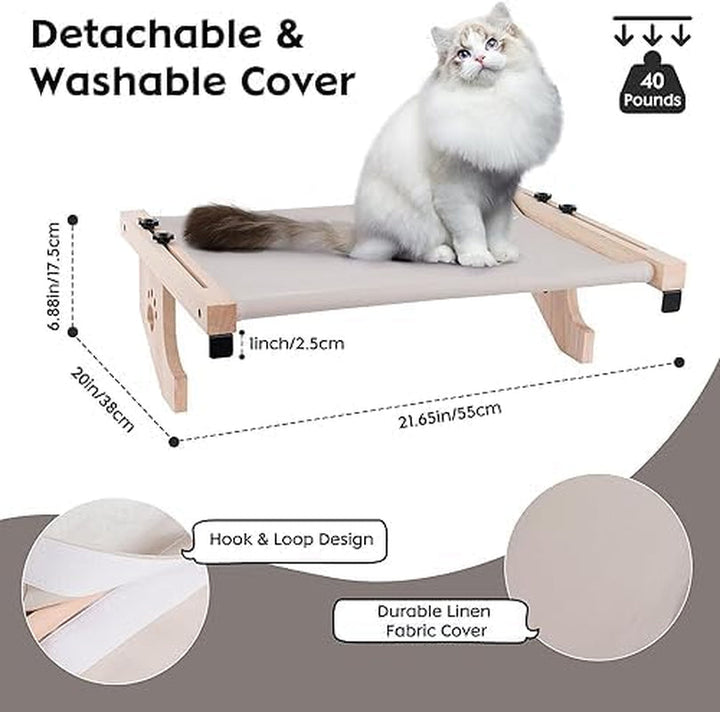 Scaun pentru fereastră pentru pisici, hamac pentru pat pentru pisici, stinghie reglabilă din lemn pentru fereastra pisicii, detașabilă, lavabilă, moale, poate susține până la 13,6 kg
