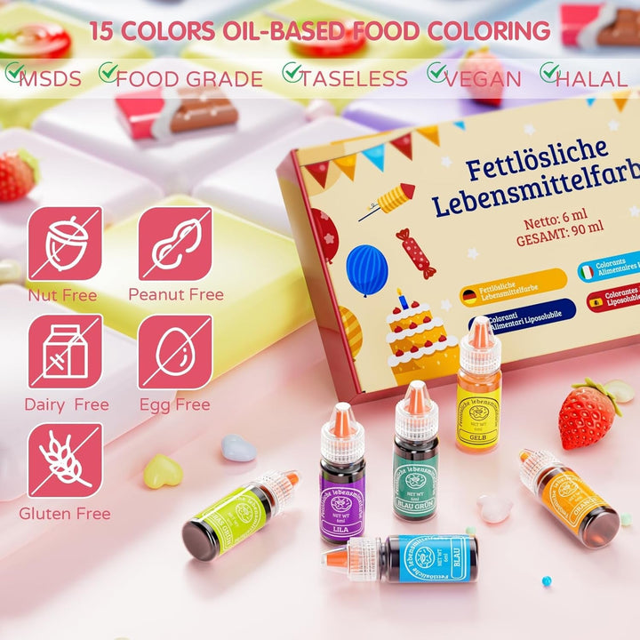 Fettlösliche Lebensmittelfarbe 15 Farben X 6Ml - Lebensmittelfarben Ölbasis Für Schokolade, Fondant, Cupcakes, Kuchen, Backen, Macaron - Food Coloring Für Tortendeko - 6Ml Naty Shop