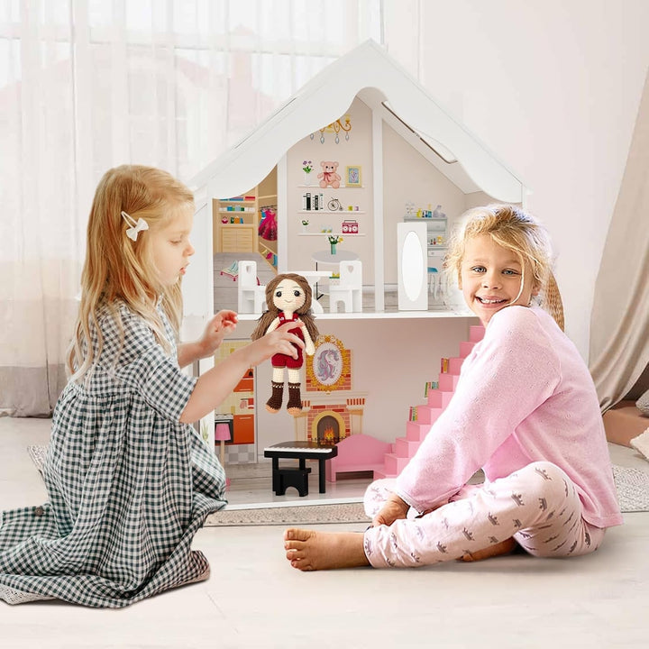 FANTASK Casă de păpuși din lemn, casă de păpuși cu 2 etaje cu accesorii și mobilier, jucărie pentru păpuși de 28-36 cm, pentru copii cu vârsta de peste 3 ani Casute de papusi Naty Shop