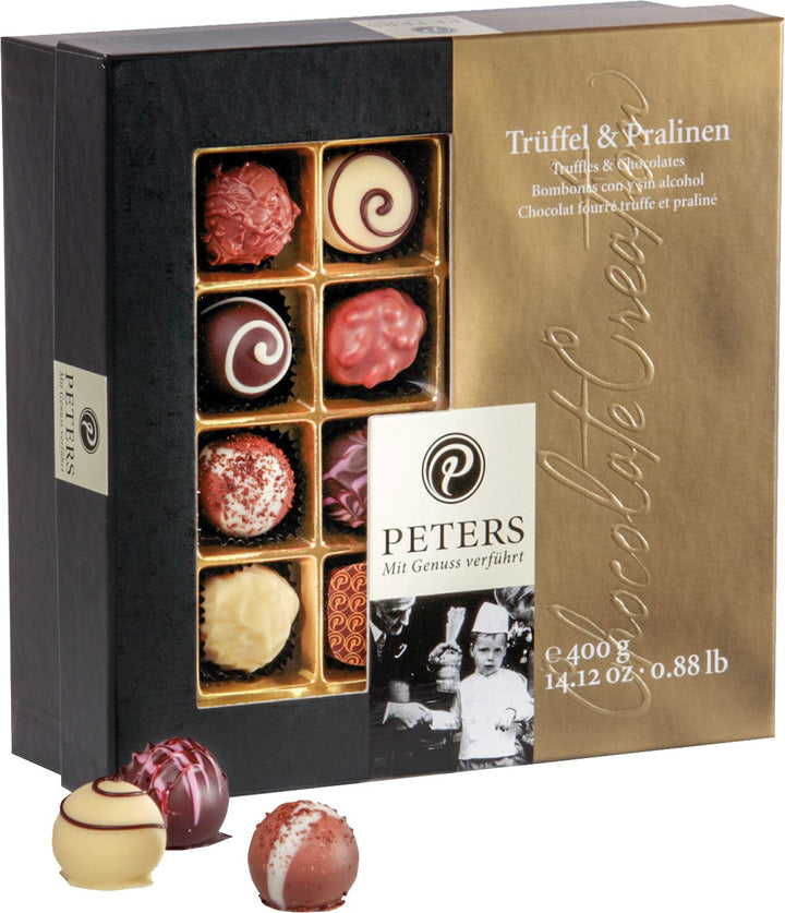 Peters, cutie cadou, amestec de praline cu sau fara alcool Bomboane de Ciocolata Naty Shop 400 grame Bomboane de ciocolată cu trufe