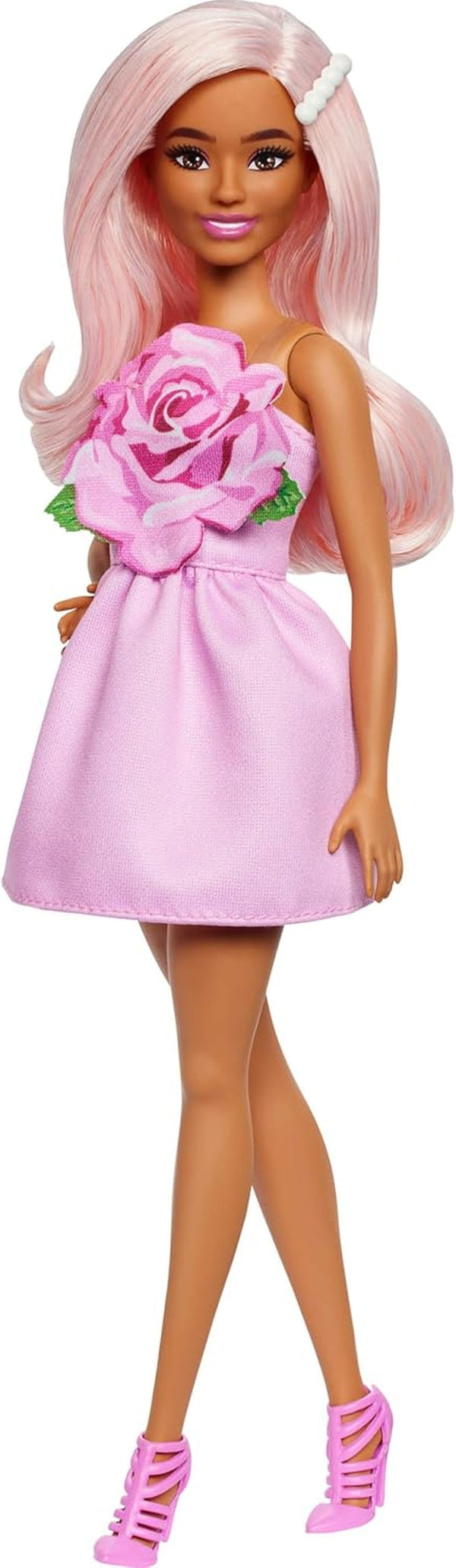 Păpușă Barbie Fashionistas nr. 238 cu păr roz pastel, rochie fără bretele cu partea de sus roz, clemă de păr cu perle și pantofi cu barete cu toc înalt, HYT94 Papusi Naty Shop Titlu implicit