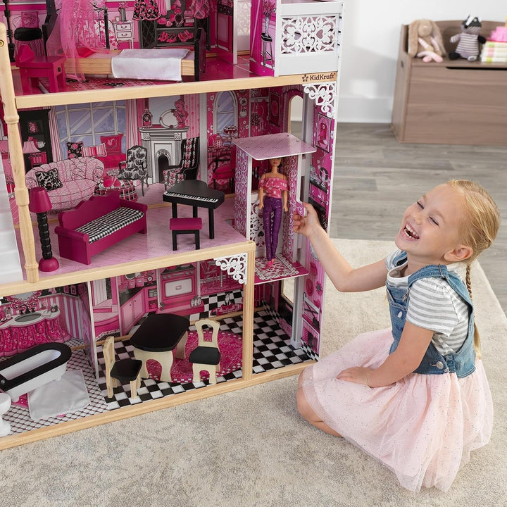Casă de păpuși din lemn Kidkraft Amelia cu mobilier și accesorii, set de joacă cu balcon și lift pentru păpuși de 30 cm, jucărie pentru copii de la 3 ani, 65093 Casute de papusi Naty Shop