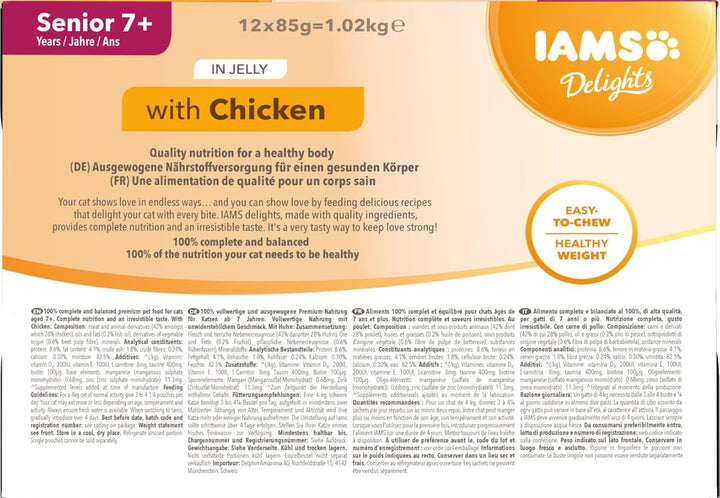 IAMS Delights Senior Cat Food Wet - Multipack cu pui în jeleu, hrană umedă de înaltă calitate pentru pisici mai în vârstă de la 7 ani, 12 X 85 G