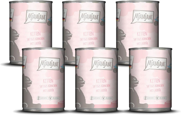 Mjamjam - Hrană umedă premium pentru pisici - Kitten Juicy Chicken cu ulei de somon, pachet de 6 (6 X 200 G), fără cereale, cu extra carne