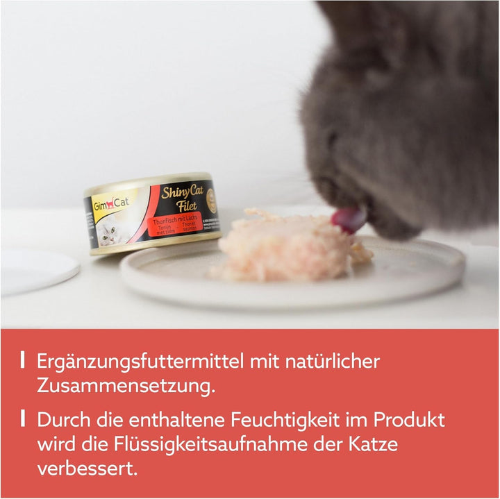 Gimcat Shinycat Fillet Tuna With Salmon - Hrană pentru pisici cu file suculent fără zahăr adăugat pentru pisici adulte - 24 cutii (24 X 70 G)