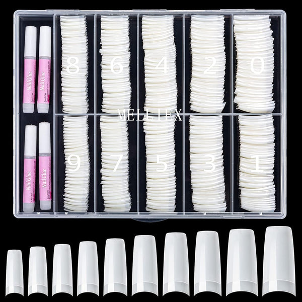 500 de bucăți de vârfuri de unghii artificiale franceze, set de vârfuri de unghii false acrilice, extensii de unghii, vârfuri de unghii, accesorii pentru unghii false cu 4 bucăți de lipici pentru design de unghii, unghii cu gel, naturale