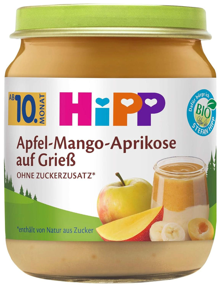 Hipp Desert organic mere-căpșuni-coacăze pe semolă, 6 X 200 grame Mama si Copilul Naty Shop 200 grame Gris Mar - Mango - Caise