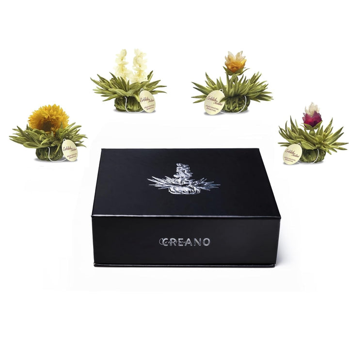 Creano 6 flori de ceai cutie cadou Ceai verde în cutie magnetică elegantă cu imprimeu argintiu - 6 sortimente diferite - cadou de Crăciun