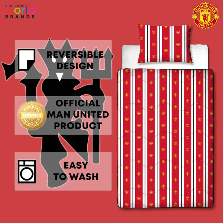 Manchester United FC Official Single Duvet, Reversible, Red & White, Coverless, Football Quilt, Pillowcase, Lavabil, Perfect pentru călătorii, Overnight Stays, 10.5 Tog Plapumi si pilote Naty Shop
