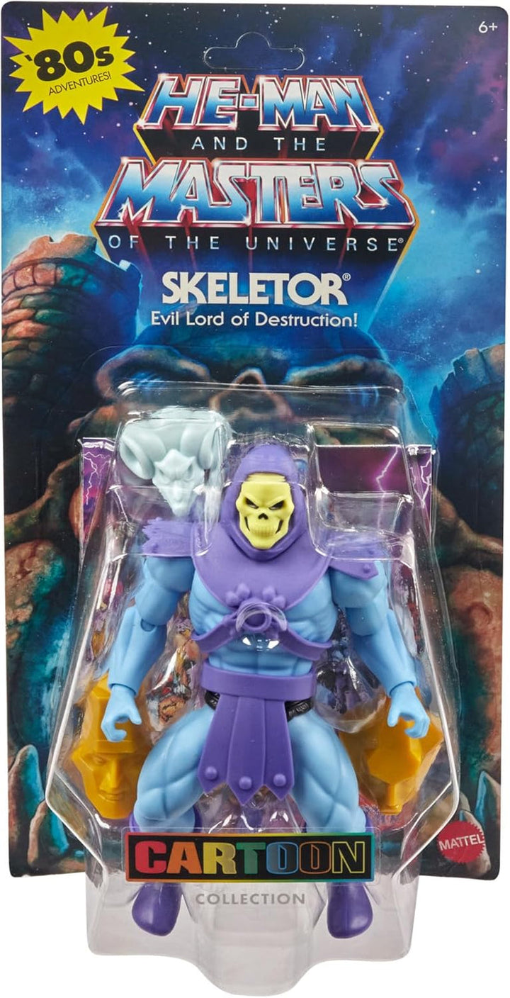 Jucărie Masters of the Universe Origins, figurină Skeletor din colecția de desene animate, răufăcător înalt de aprox. 14 cm cu armură, baston, sabie și 2 măști, HYD24 Action figures Naty Shop