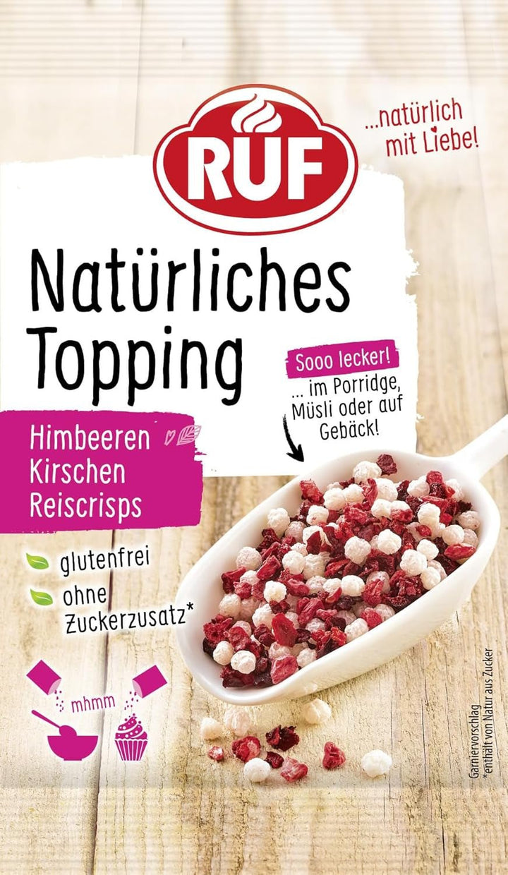 RUF Topping natural cu zmeură, cireșe, chipsuri de orez, fără aditivi artificiali, amestec de fructe pentru terci și produse de patiserie, fără gluten, vegan, 15g (pachet de 3) Produse deshidratate Naty Shop 15 G (1 pachet) Fructe