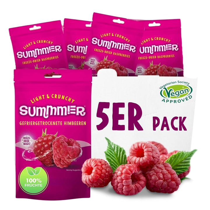 Summmer căpșuni liofilizate - pachet de 5 - fără zahăr, 100% naturale, delicioase gustări crocante pentru copii și adulți, ideale pentru cereale și cutii de prânz (55g) Produse deshidratate Naty Shop Pachet de 5 Zmeură