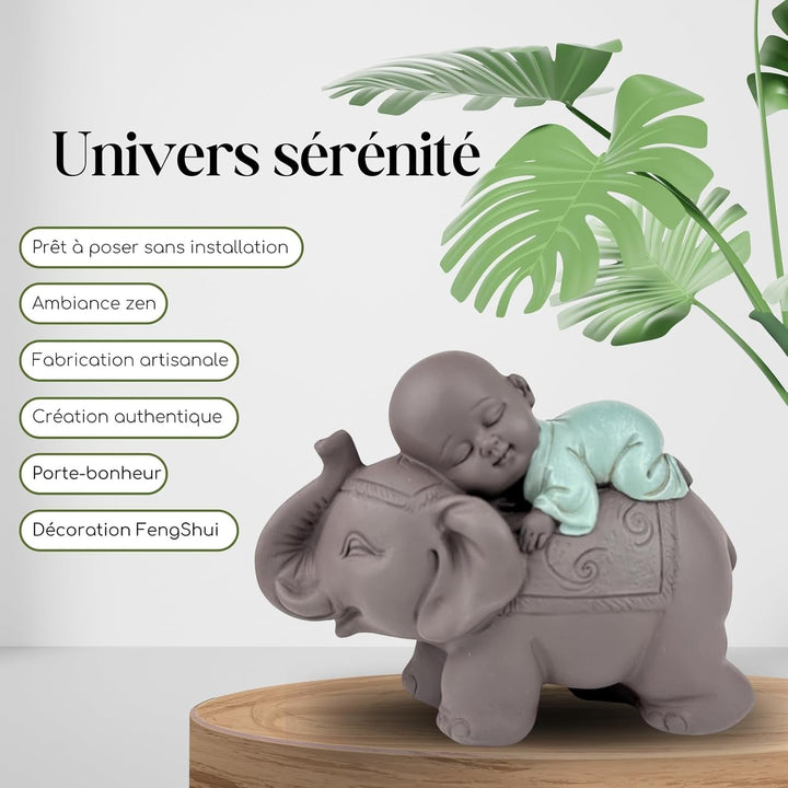 Zen'Light Statue Buddha Bonze Sleeping on Elephant - Atmosferă Zen în spațiul tău sacru - frumoasă figură de bun augur -H 9.5 cm, Brown & Green Statuete si sculpturi Naty Shop